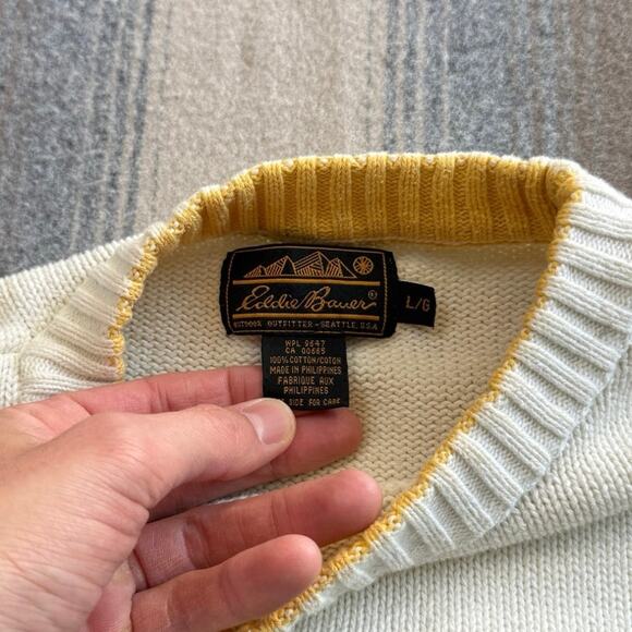 Vintage 90s Eddie Bauer Pullover Knit Sweater Size Large Striped Cotton Cottage - Picture 3 of 8